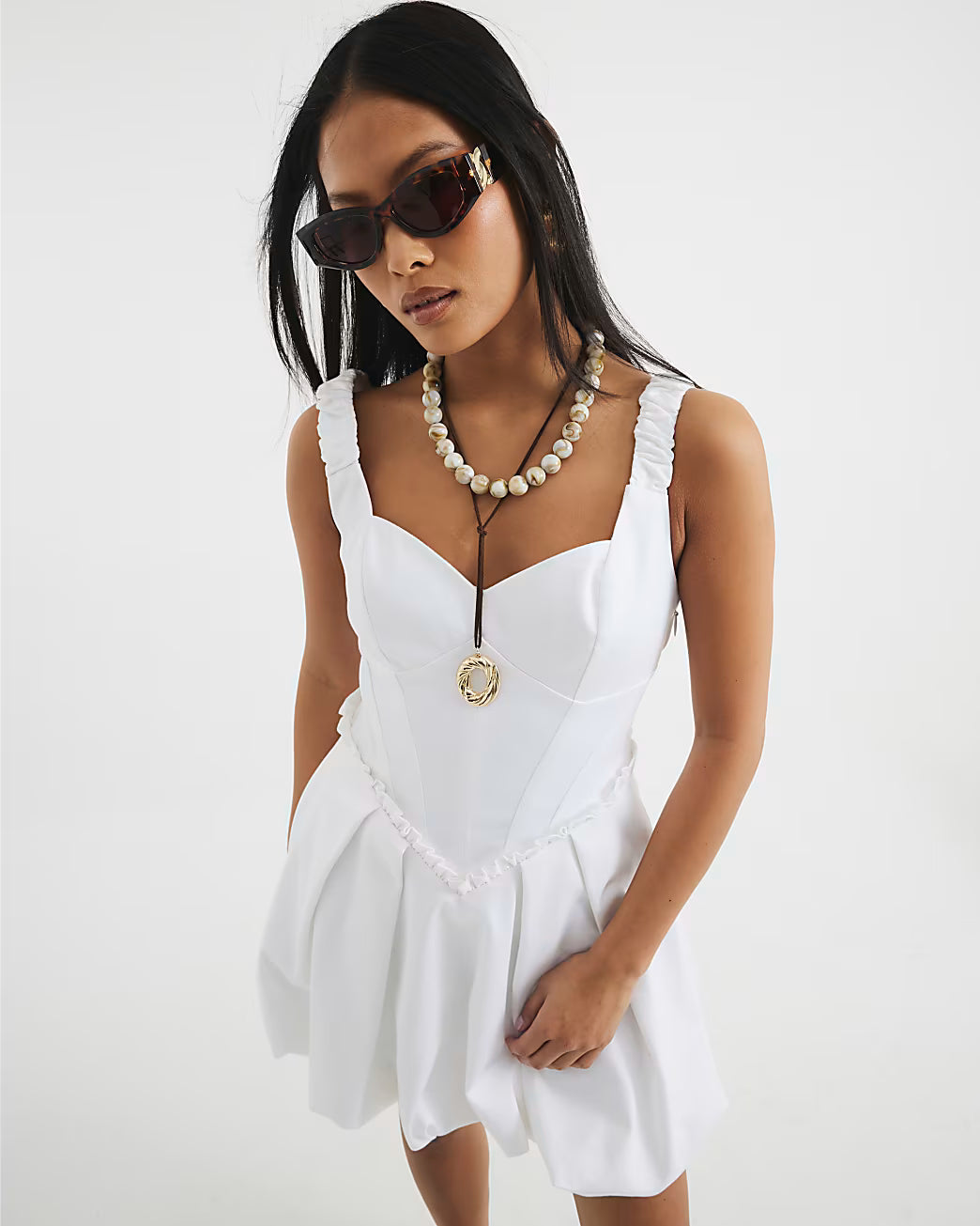 Petite White Satin Bubble Hem Mini Dress