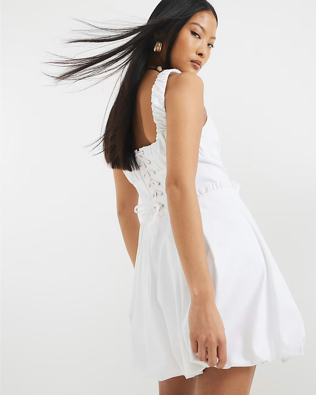 Petite White Satin Bubble Hem Mini Dress