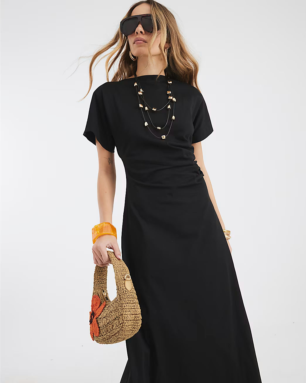 Black Short Sleeve Drape Side Midi Dress