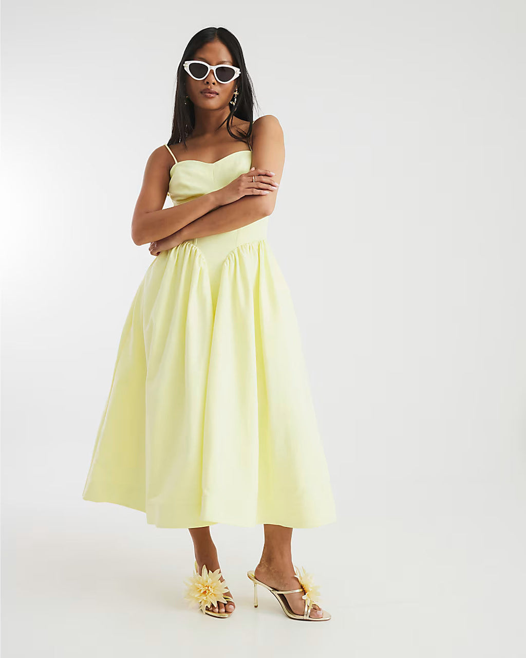 Petite Yellow Corset Detail Midi Dress