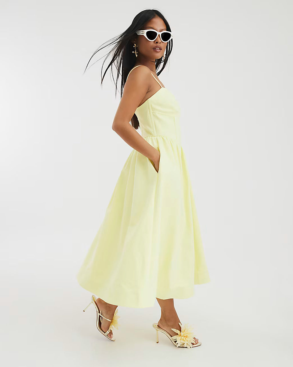 Petite Yellow Corset Detail Midi Dress
