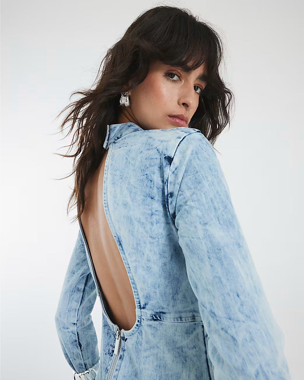 Blue Denim Long Sleeve Acid Wash Midi Dress