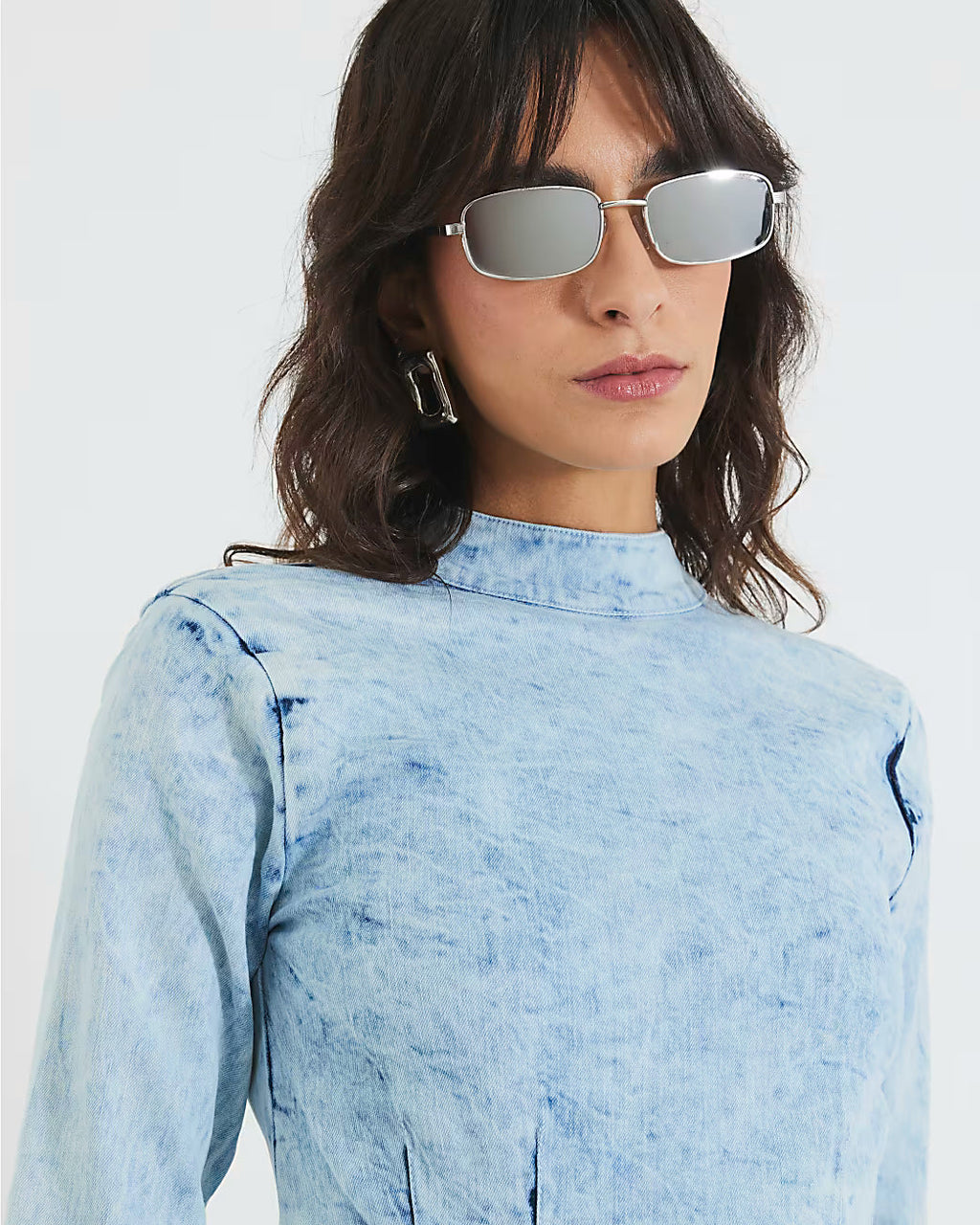 Blue Denim Long Sleeve Acid Wash Mini Dress