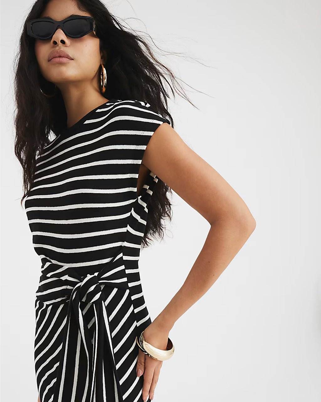 Black Stripe Knot Side Midi Dress