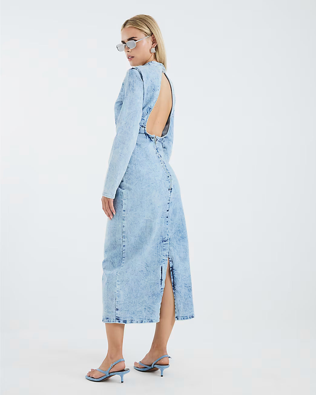 Petite Blue Denim Long Sleeve Midi Dress