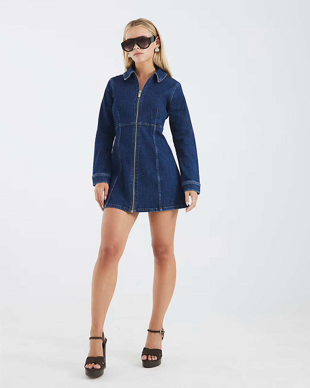 Petite Blue Denim Zip Front Mini Dress