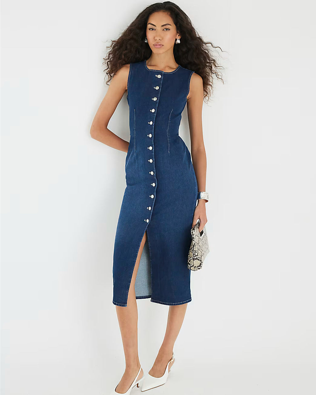 Blue Denim Button Front Midi Dress
