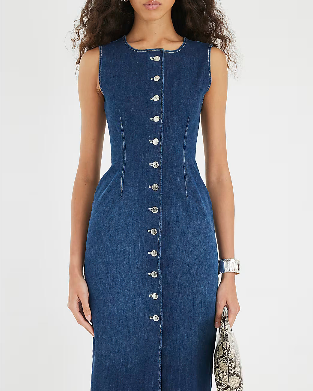 Blue Denim Button Front Midi Dress