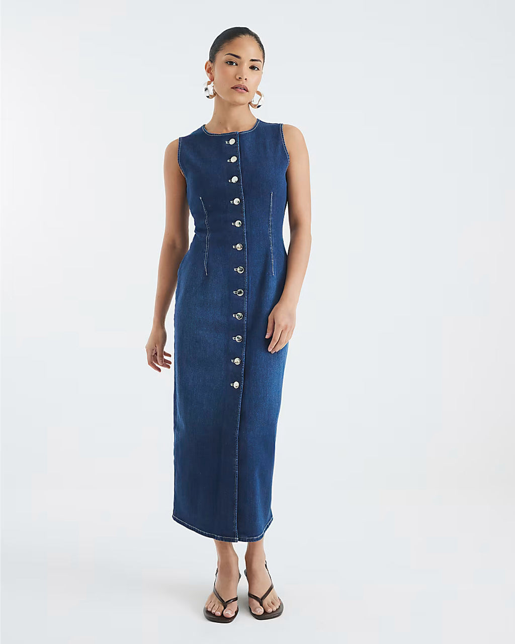 Petite Denim Button Midi Dress