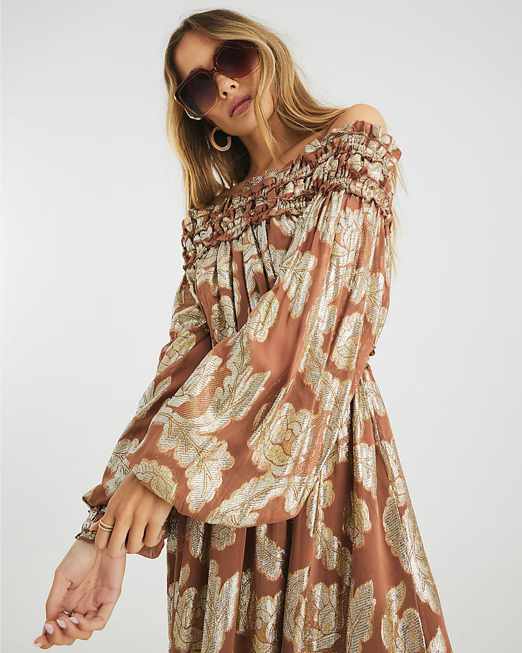 Brown Ruffled Gold Detail Bardot Maxi Dress