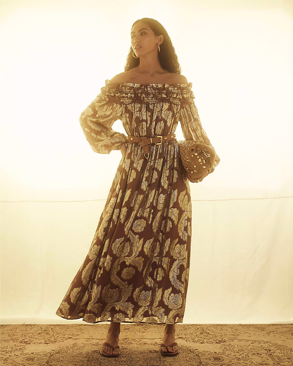 Brown Ruffled Gold Detail Bardot Maxi Dress