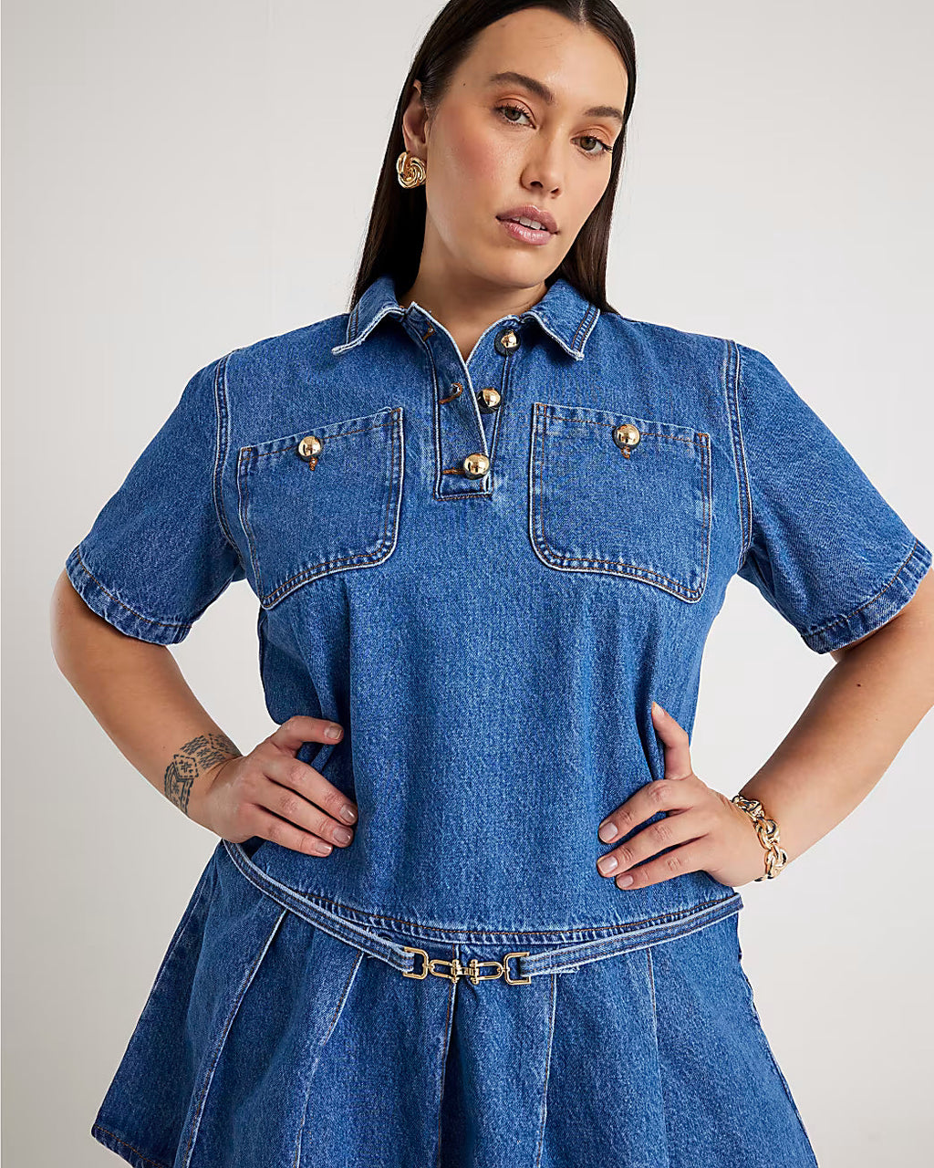 Blue Denim Short Sleeve Pleated Mini Dress
