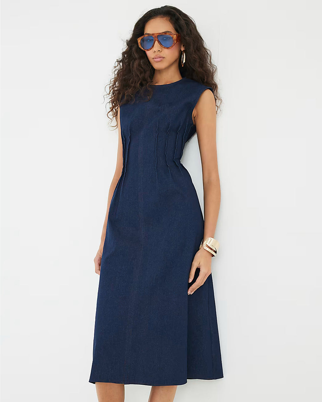 Blue Denim Pintuck Stretch Denim Midi Dress