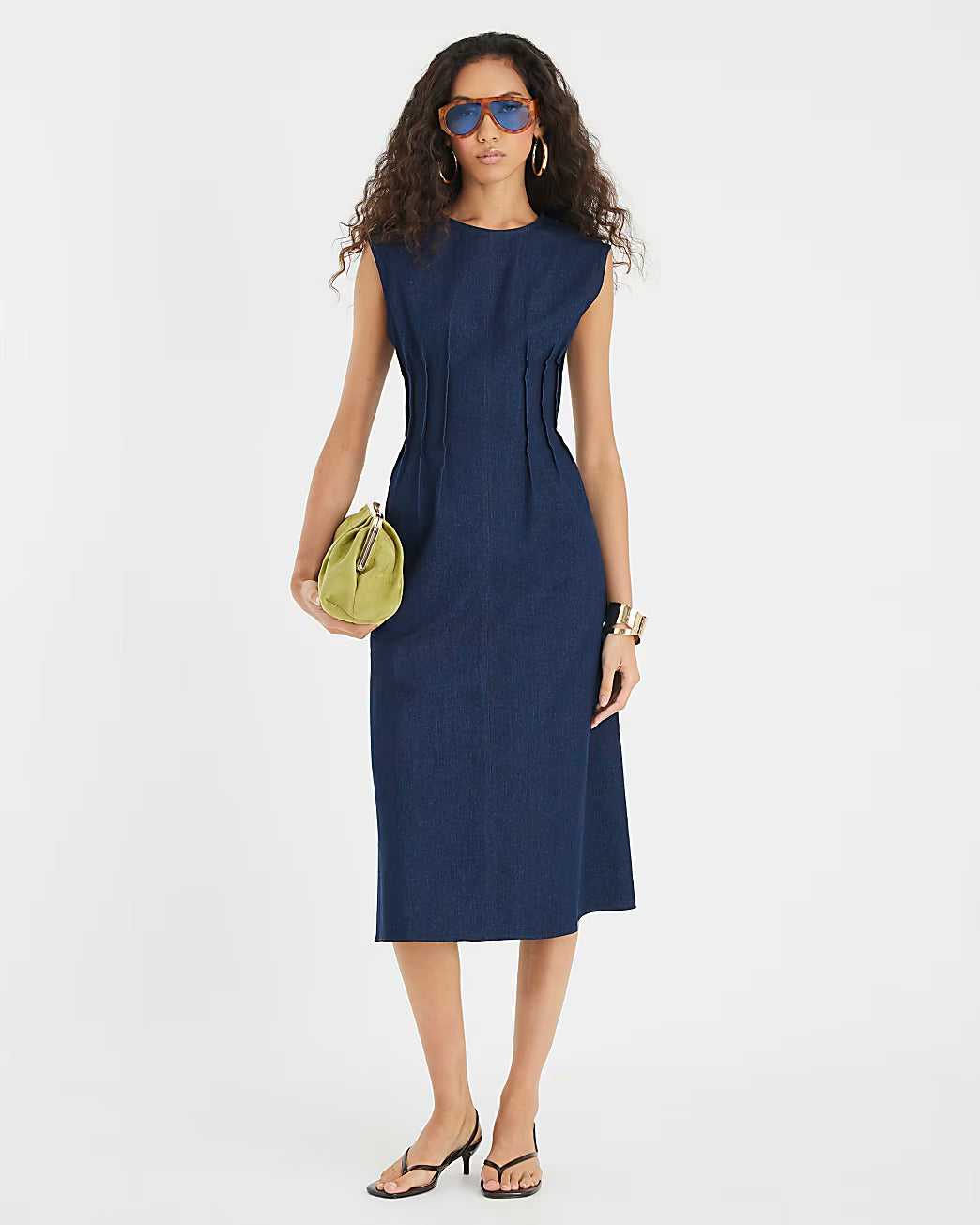 Blue Denim Pintuck Stretch Denim Midi Dress