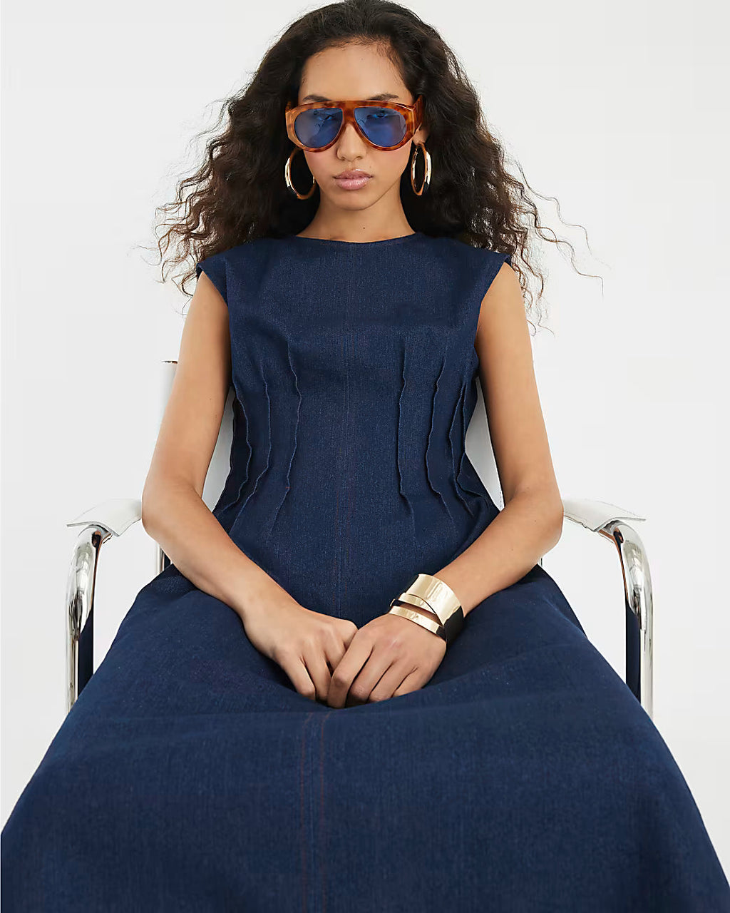 Blue Denim Pintuck Stretch Denim Midi Dress