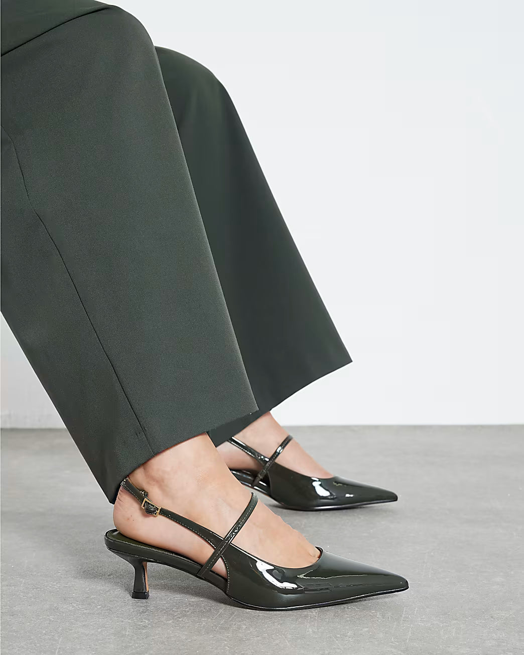 Khaki Patent Slingback Kitten Heels