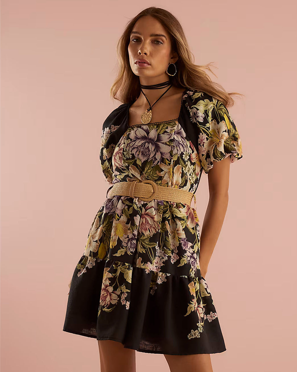 Black Floral Short Sleeve Belted Mini Dress
