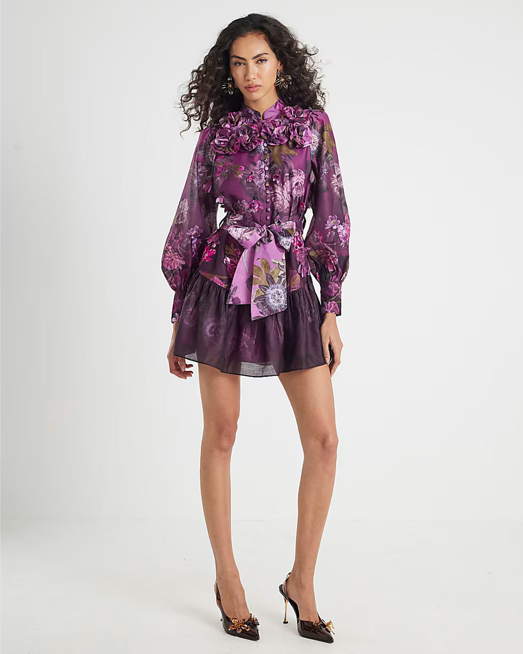 Purple 3D Floral Belted Mini Dress