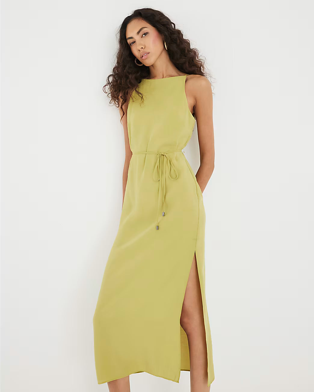 Green Tie Front Midi Slip Dress