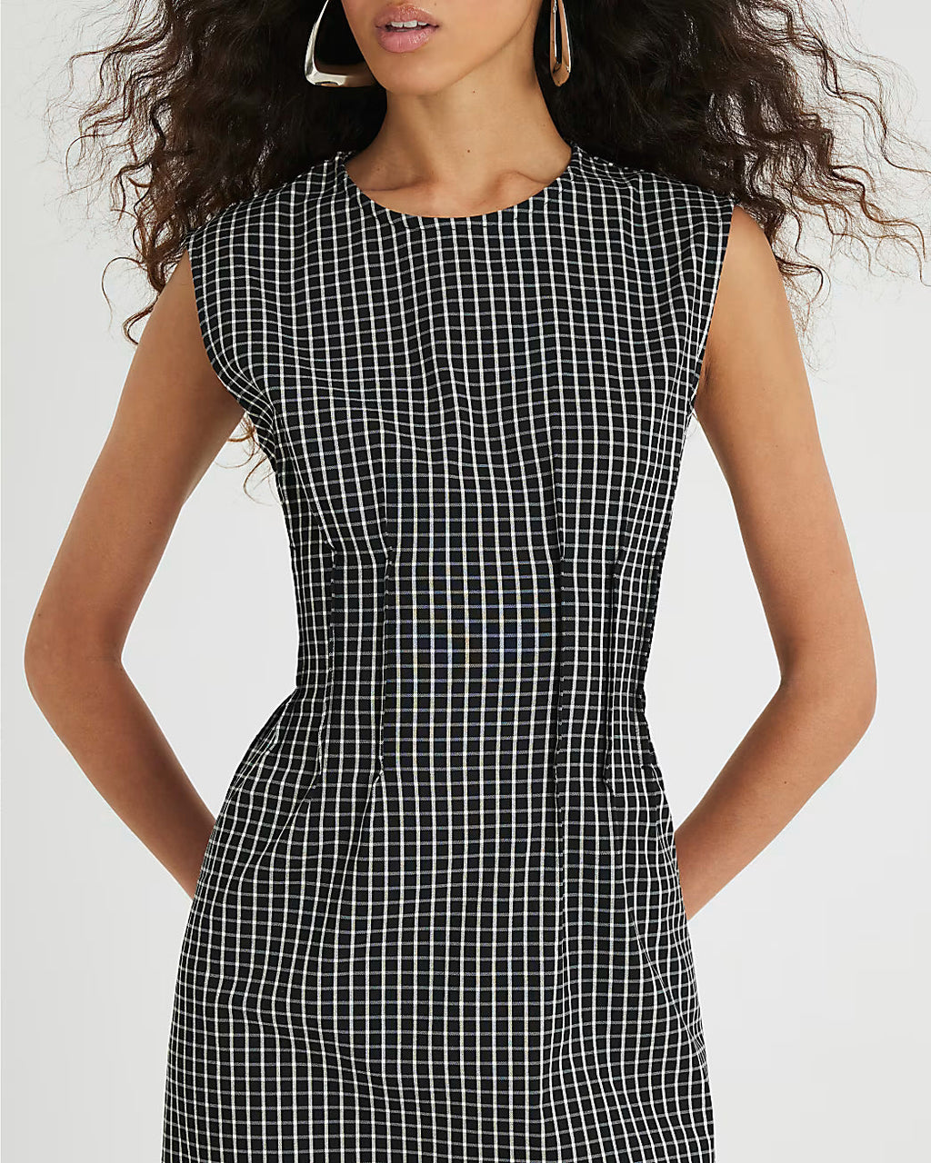 Black Sleeveless Pintuck Checked Midi Dress