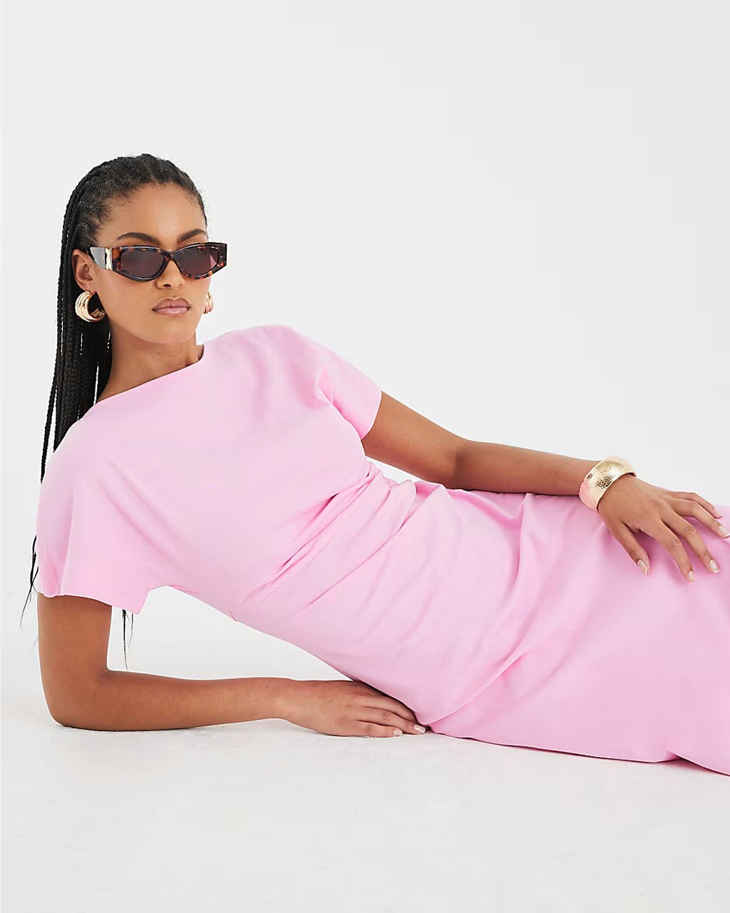 Pink Short Sleeve Drape Side Midi Dress