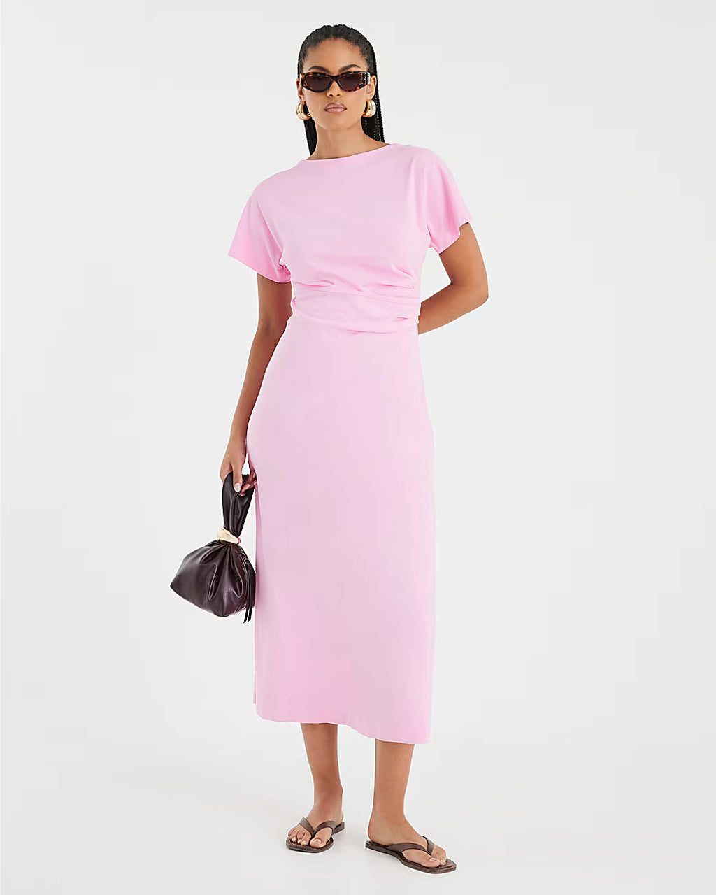 Pink Short Sleeve Drape Side Midi Dress