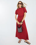 Red Short Sleeve Drape Side Midi Dress