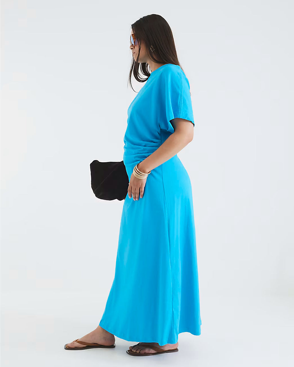 Blue Short Sleeve Drape Side Midi Dress