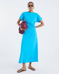 Blue Short Sleeve Drape Side Midi Dress
