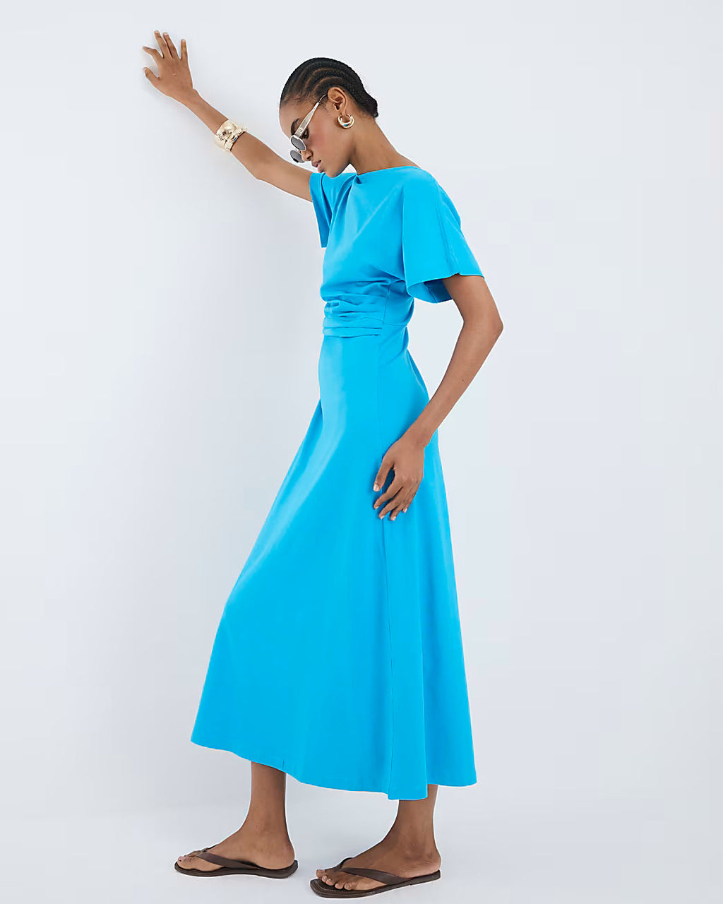 Blue Short Sleeve Drape Side Midi Dress