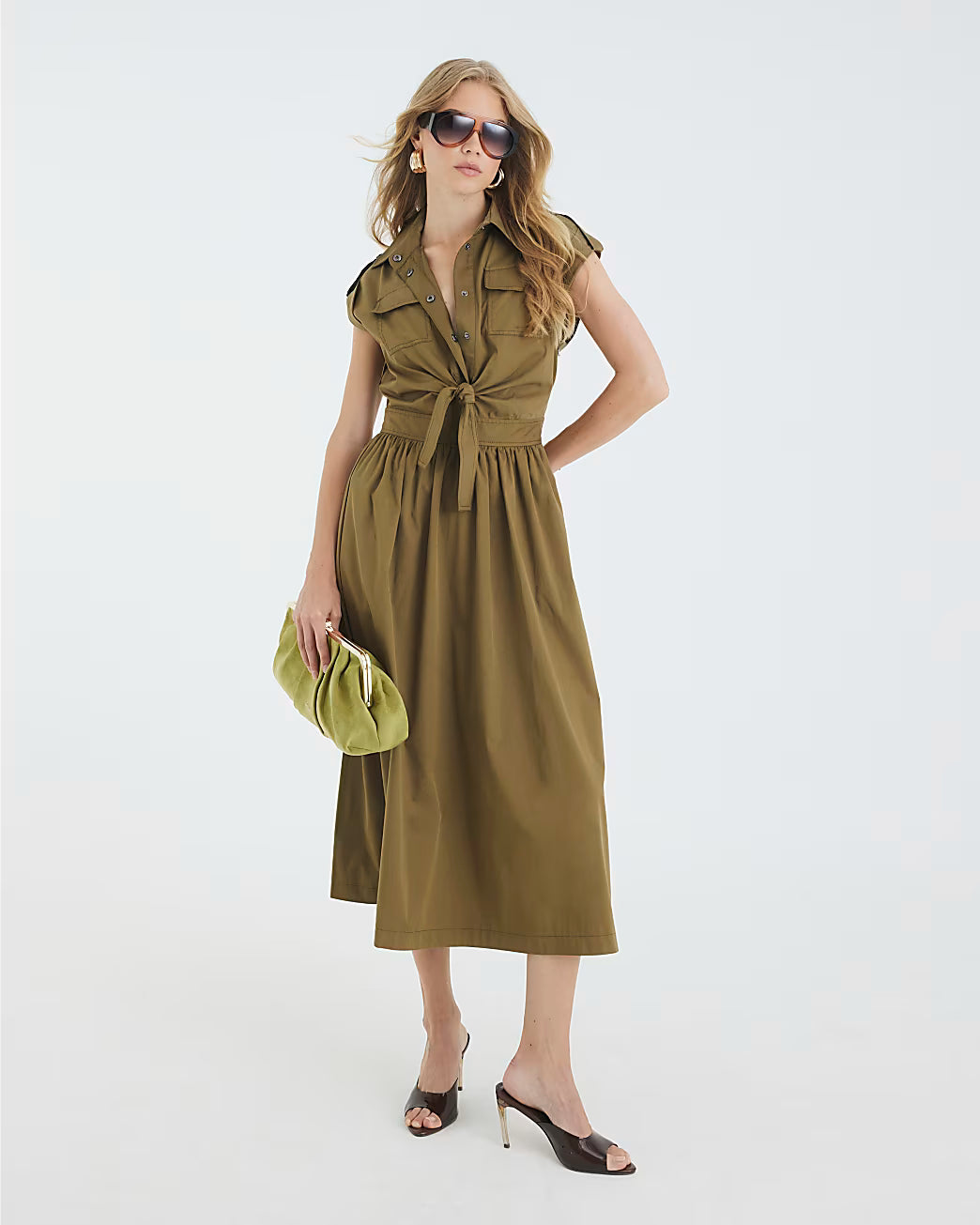 Khaki Utility Tie Front Midi Shirt Dress