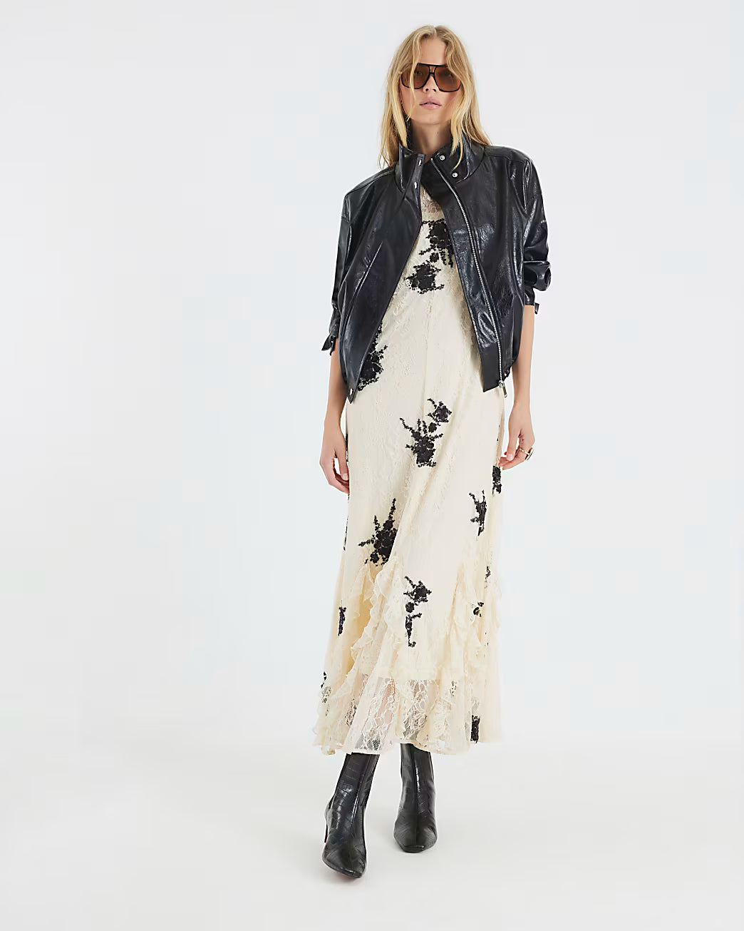 Beige Lace Embellished Maxi Dress