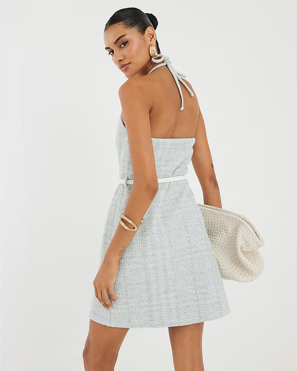 Blue Halter Neck Boucle Belted Mini Dress