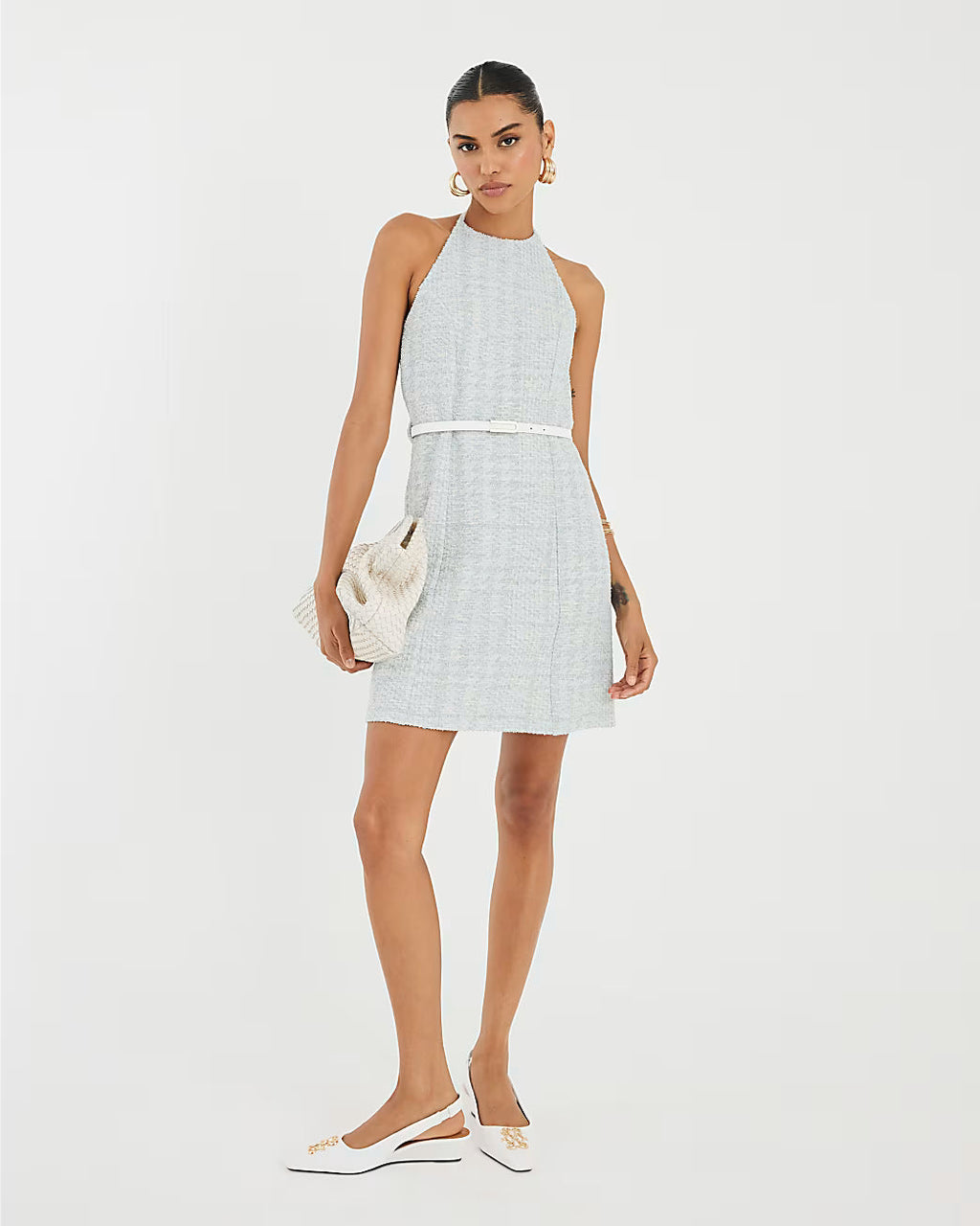 Blue Halter Neck Boucle Belted Mini Dress