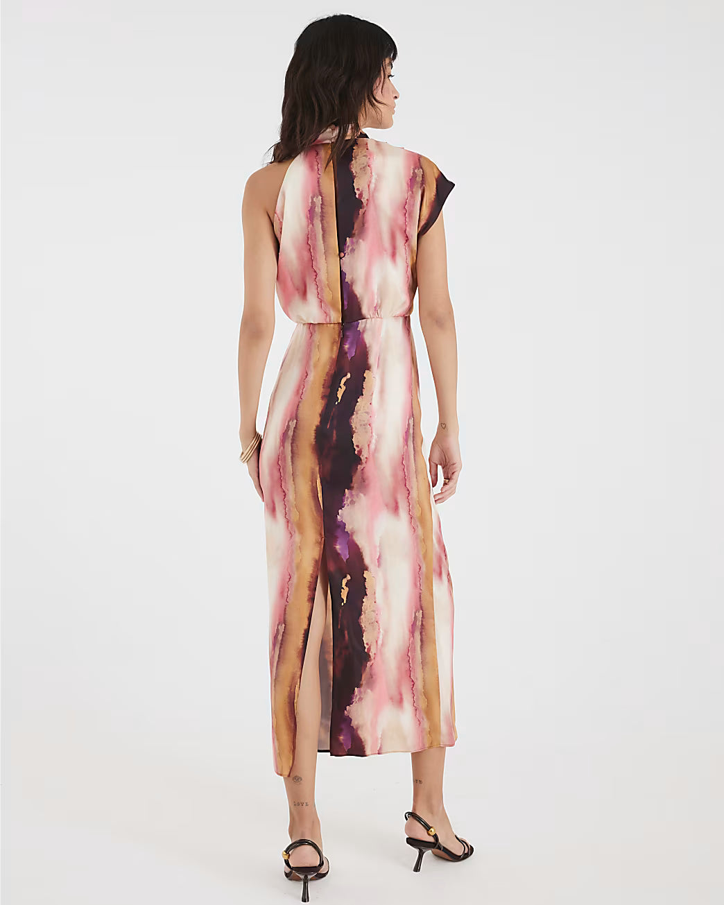 Pink Satin Printed High Neck Midi Dress