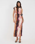 Pink Satin Printed High Neck Midi Dress