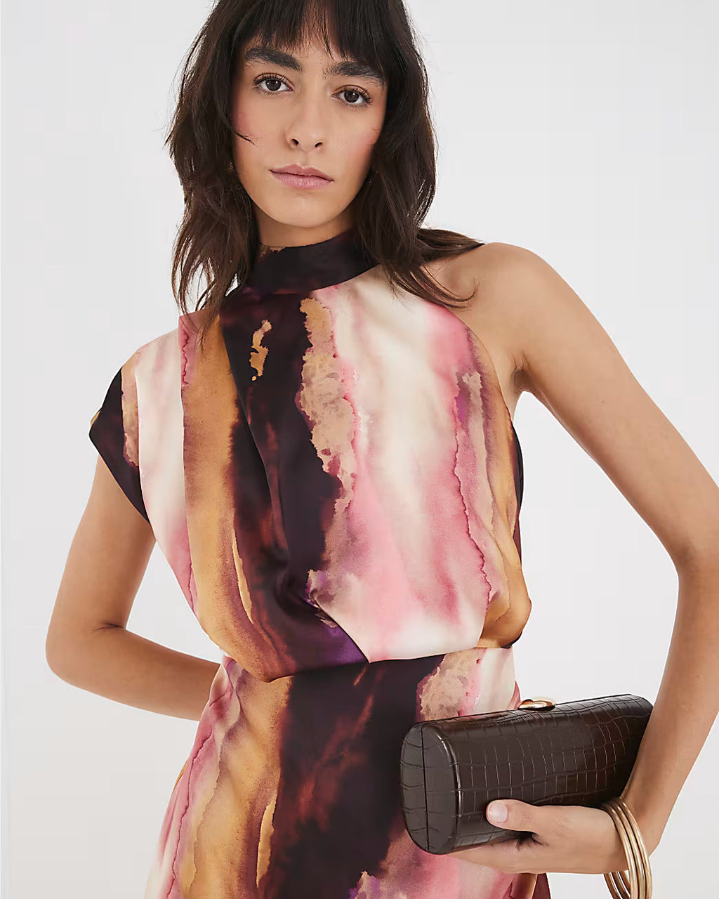 Pink Satin Printed High Neck Midi Dress