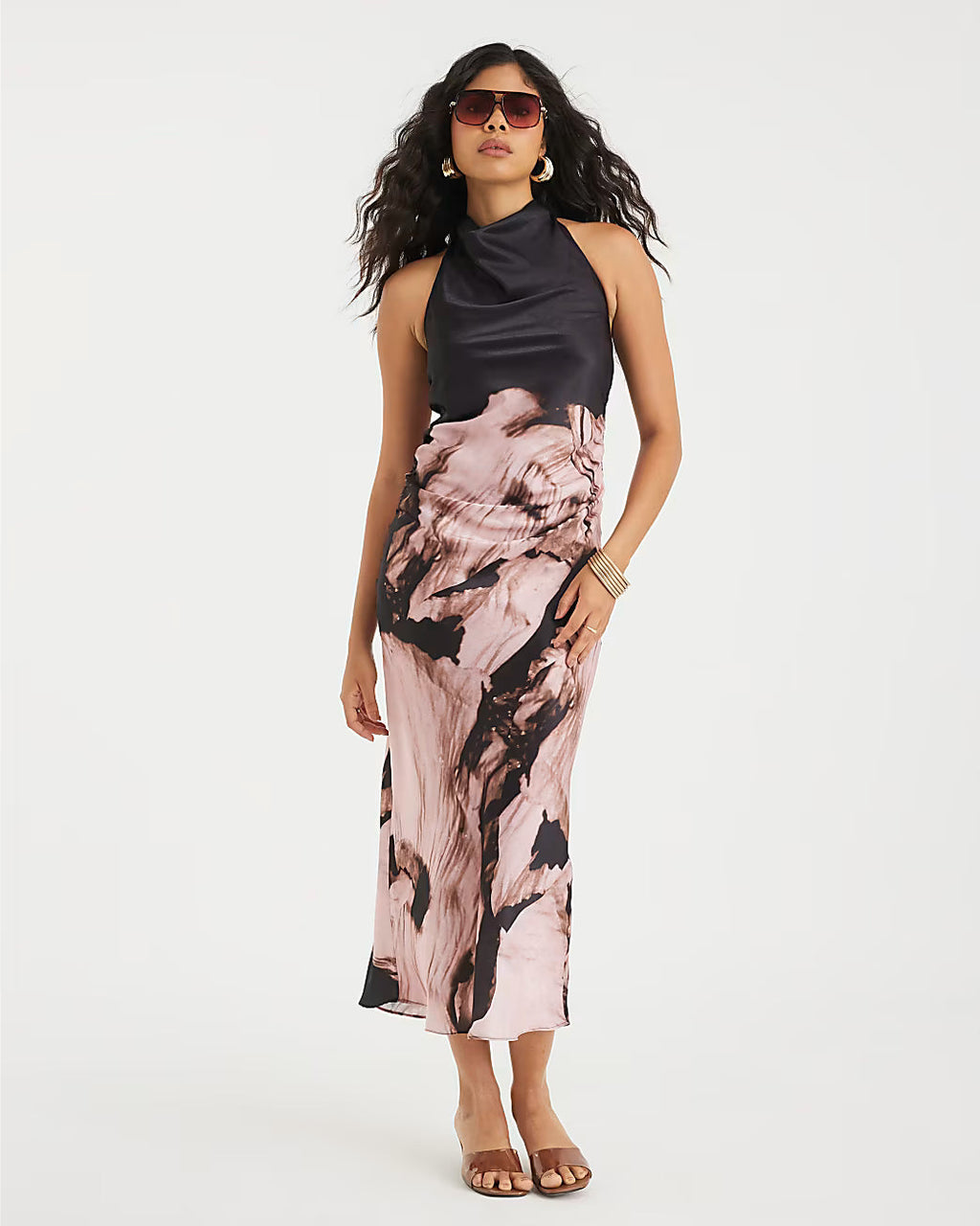 Pink Satin Printed Cowl Neck Slip Dress
