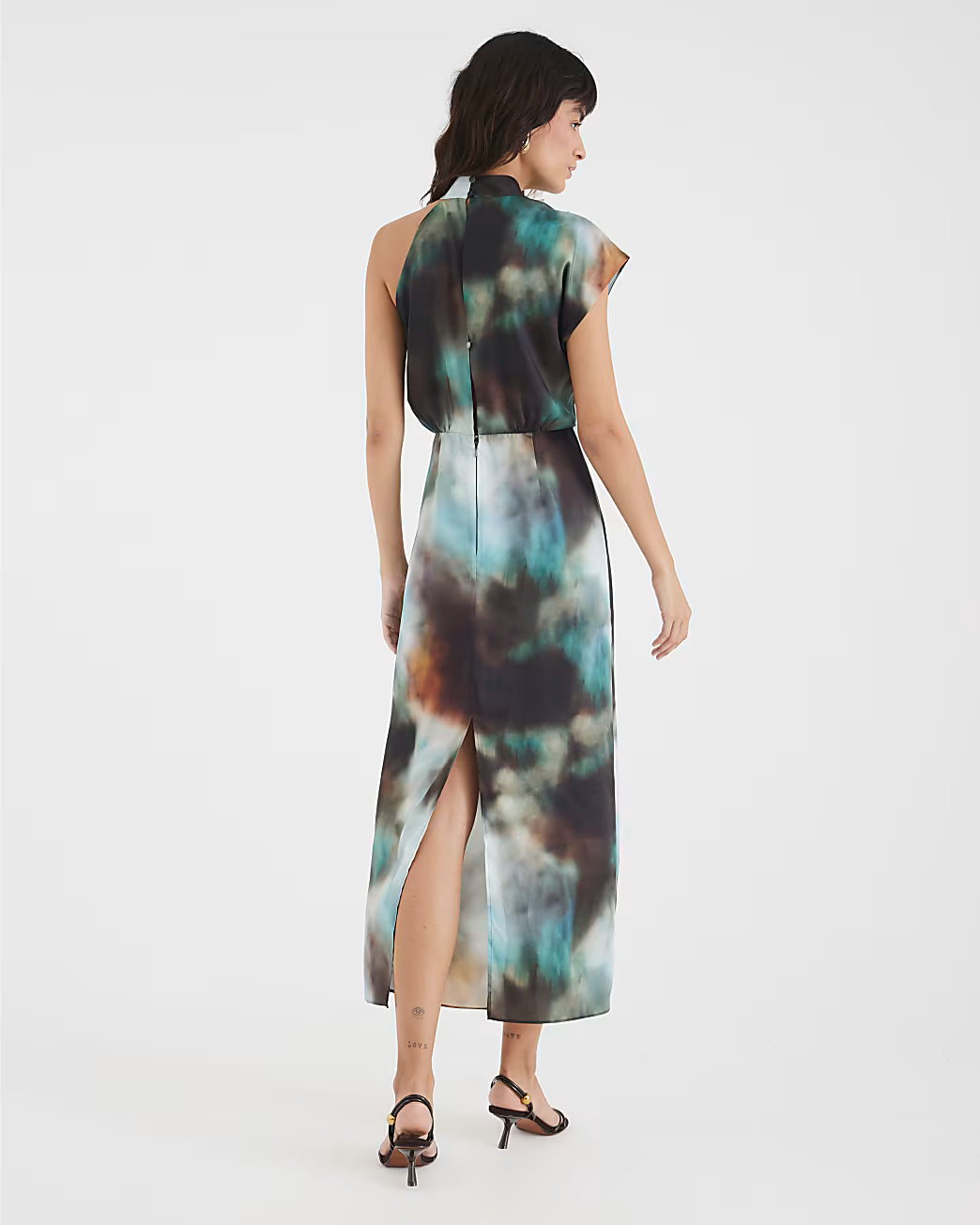Green Satin Printed High Neck Midi Dress