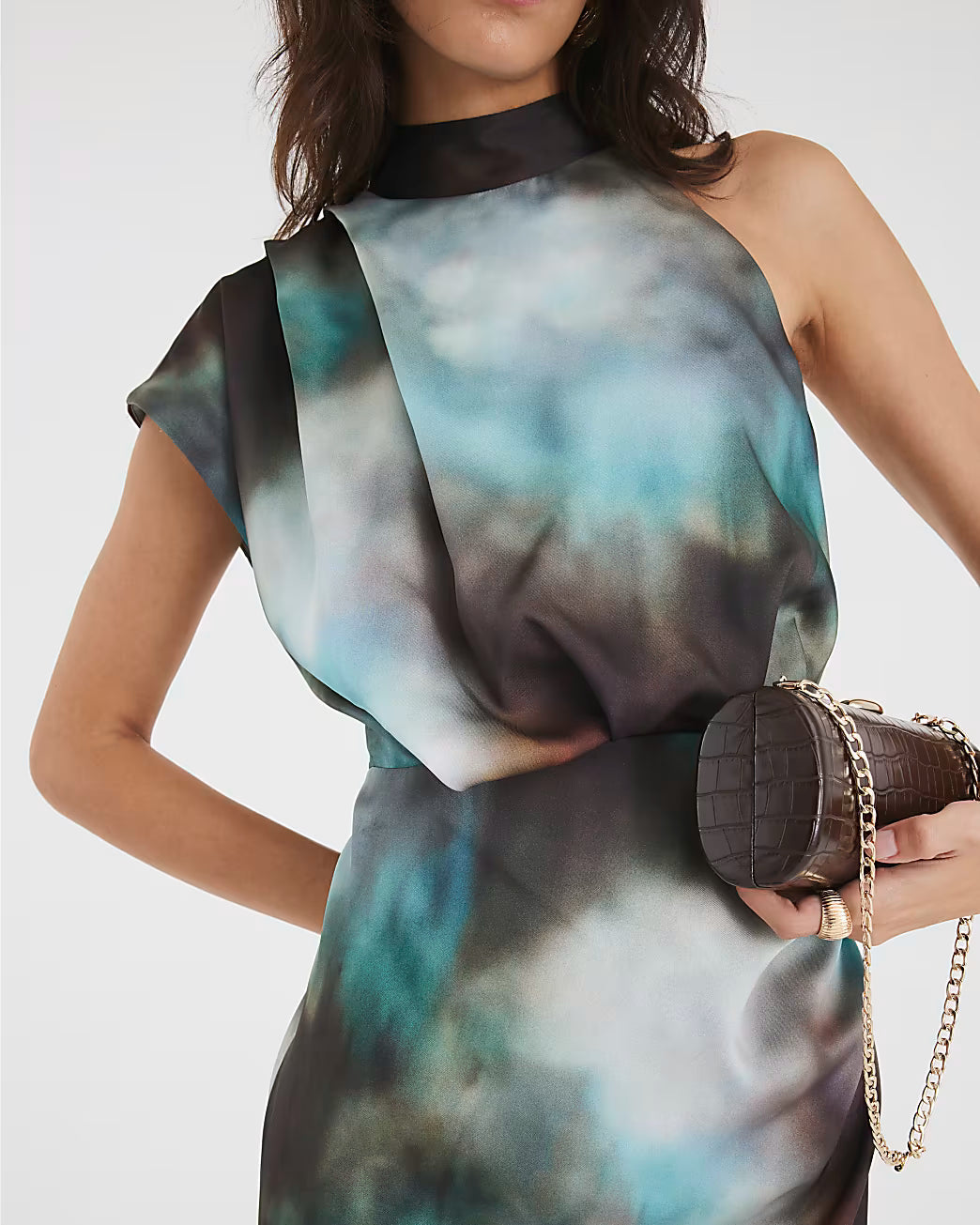 Green Satin Printed High Neck Midi Dress