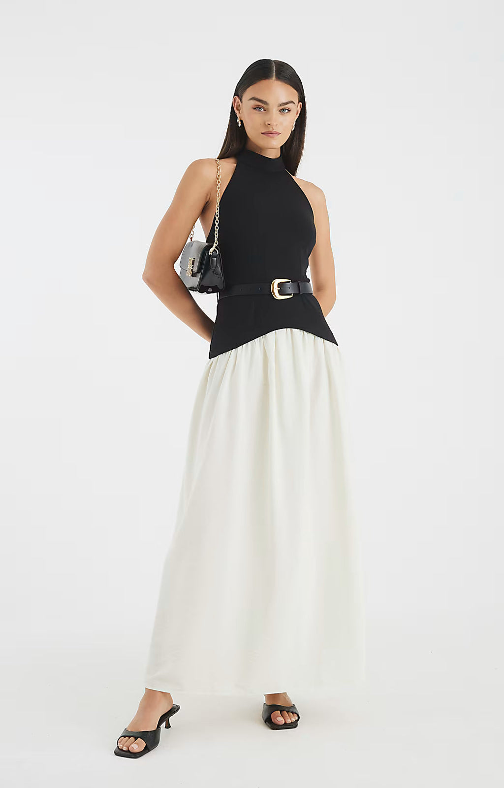 Black Sleeveless Belted Hybrid Midi Dress