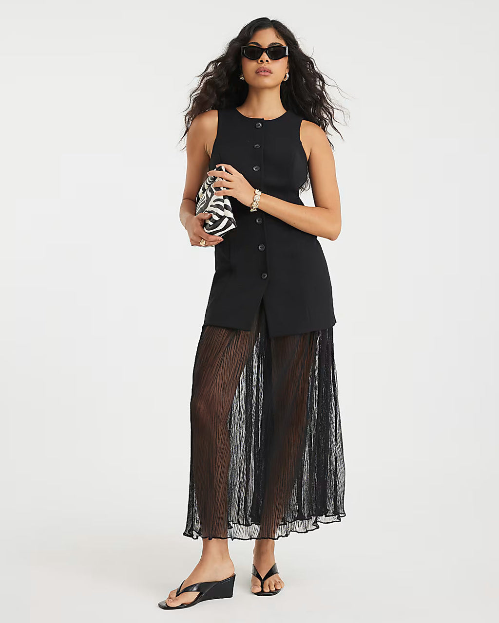 Black Plisse Sleeveless Waistcoat Maxi Dress