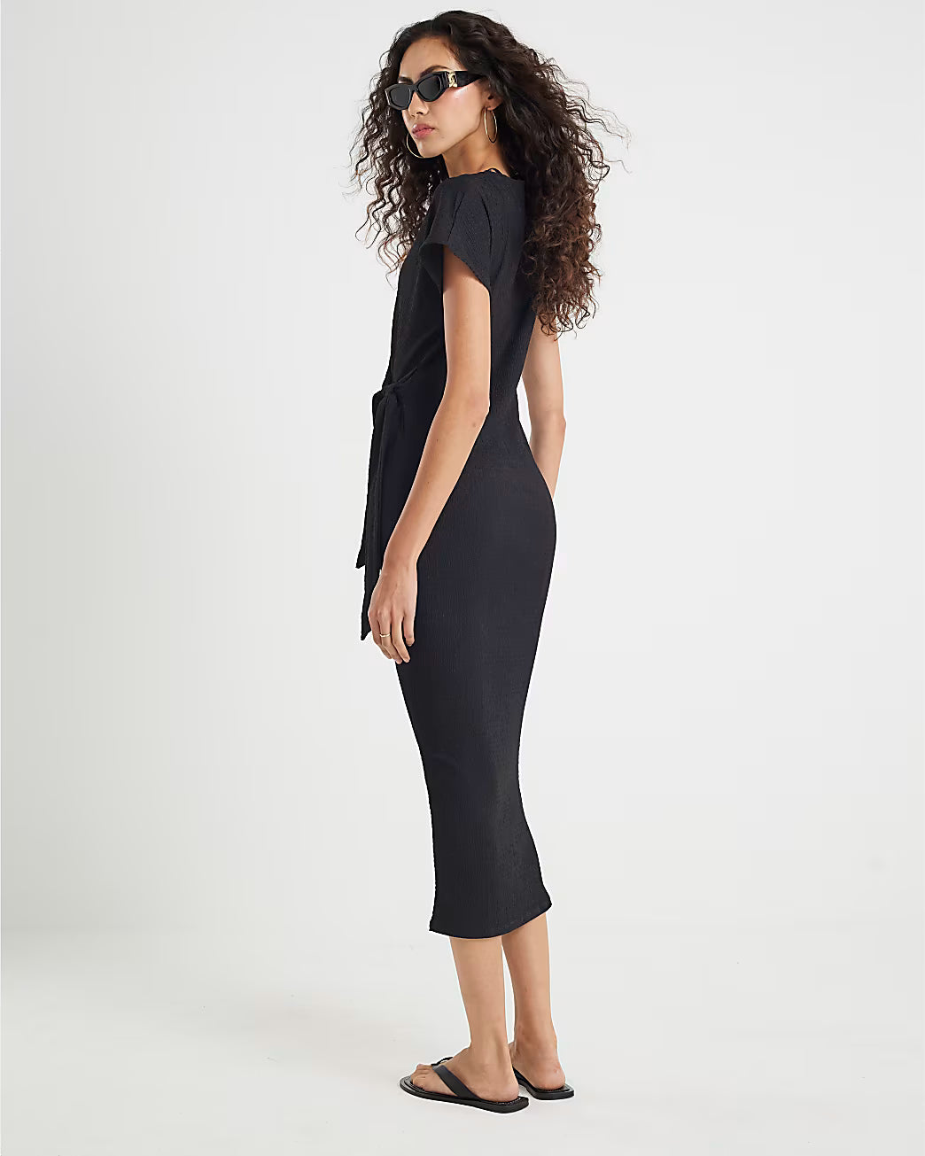 Black Textured Tie Waist Midi Dress