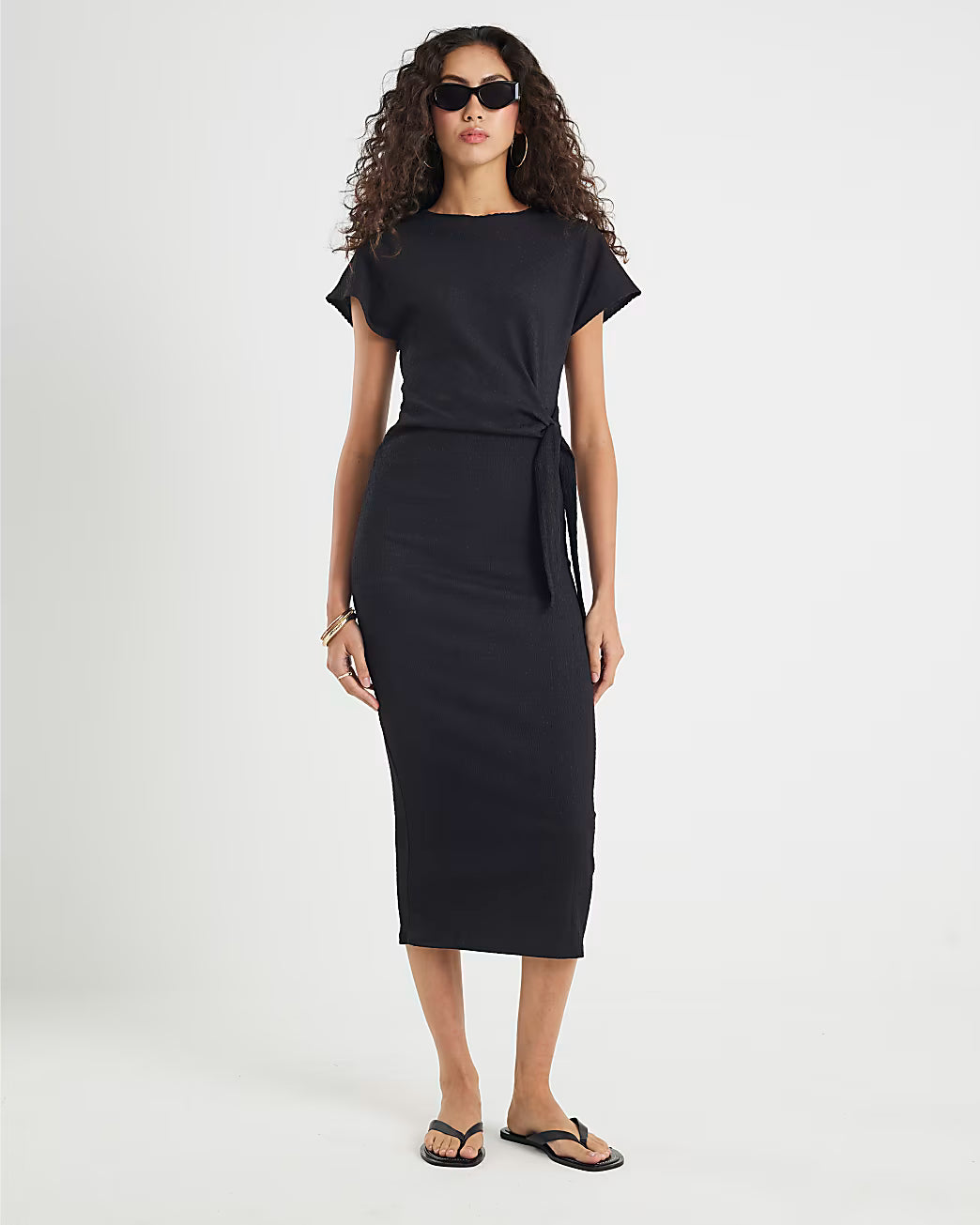 Black Textured Tie Waist Midi Dress