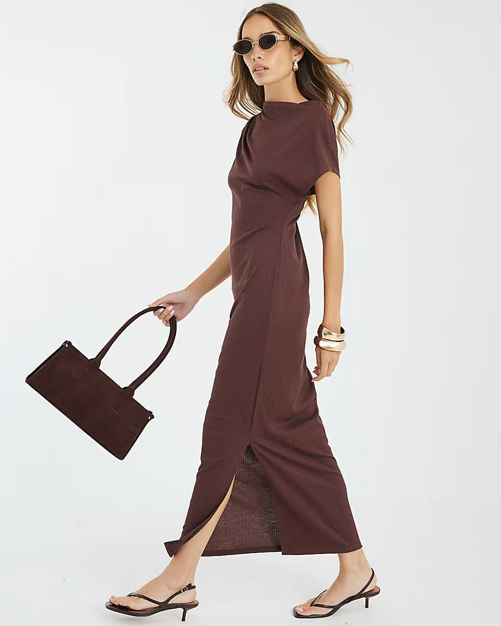 Brown Asymmetrical Ribbed Midi Dress