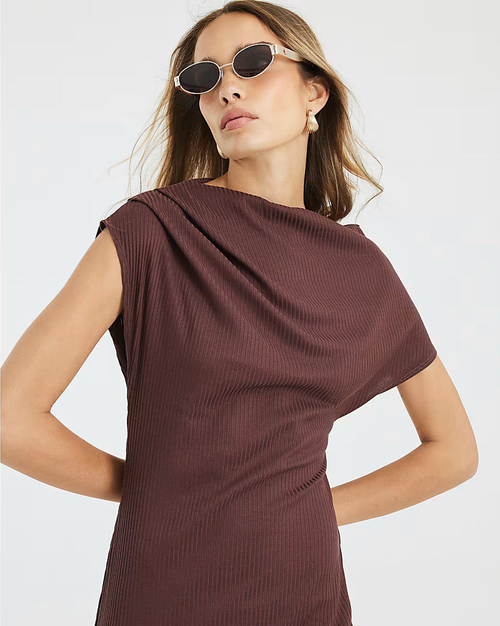 Brown Asymmetrical Ribbed Midi Dress