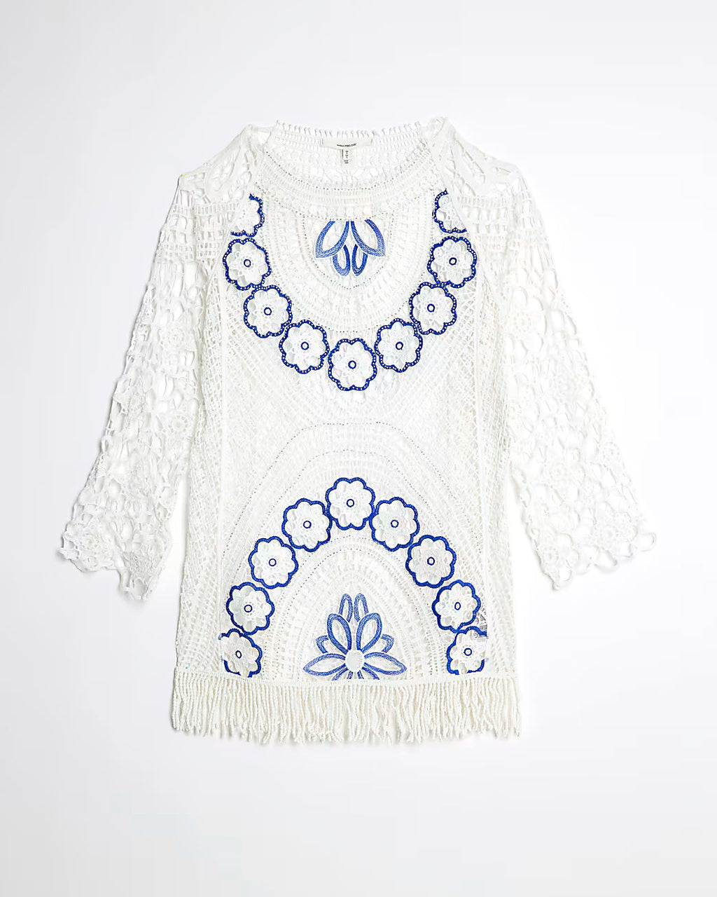 White Crochet Long Sleeve Mini Beach Dress