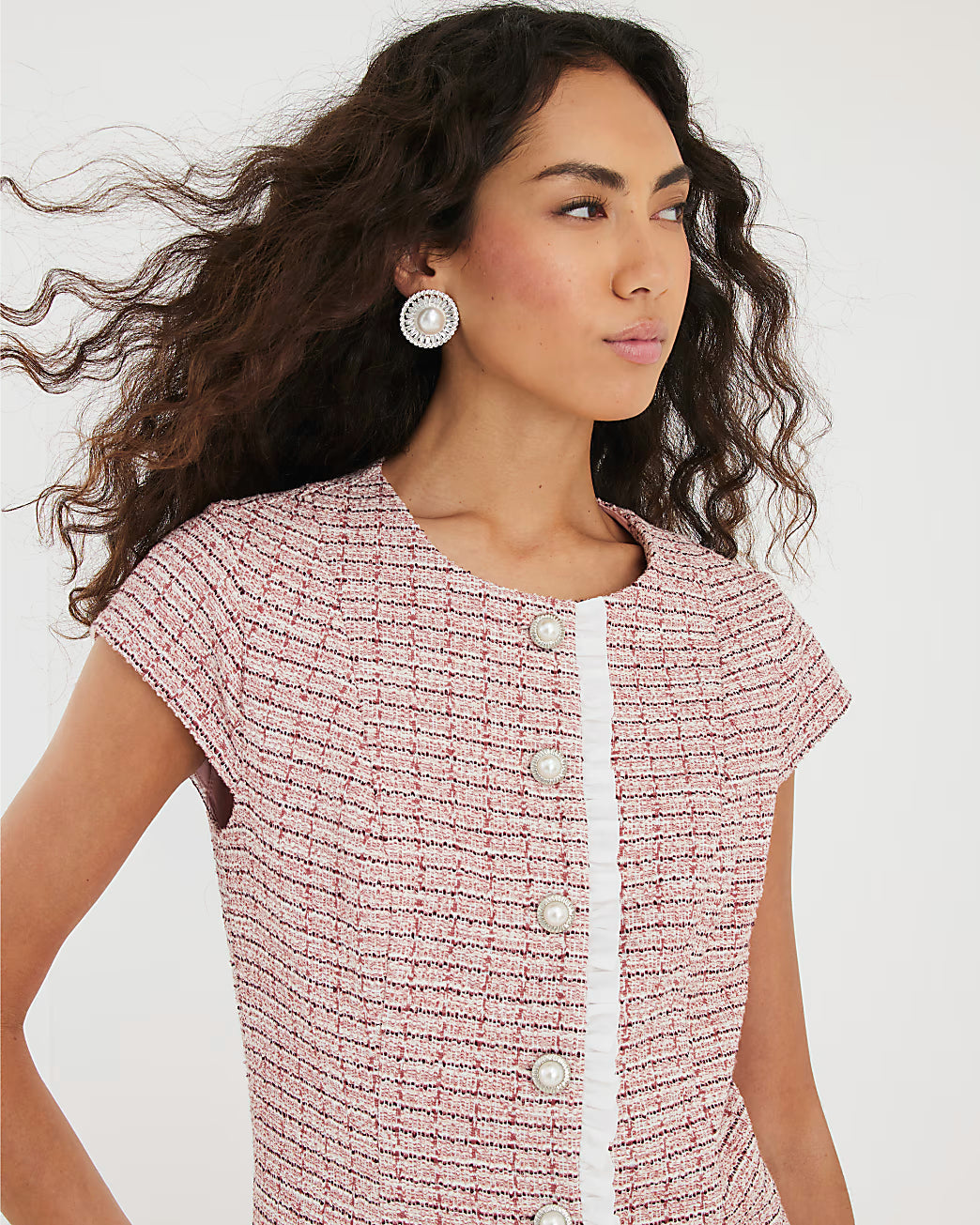 Pink Boucle Frill Trim Mini Dress
