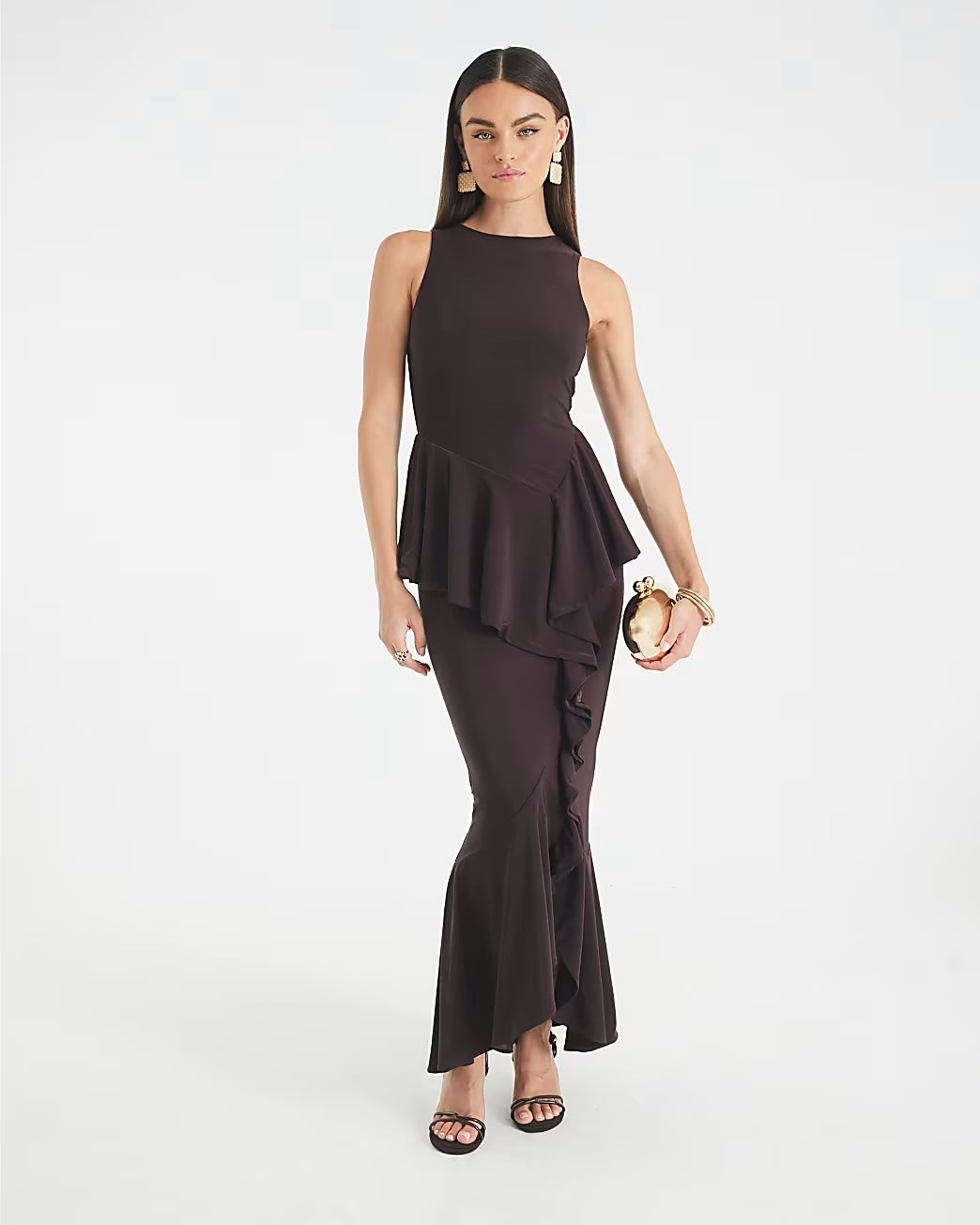 Brown Sleeveless Ruffle Front Maxi Dress