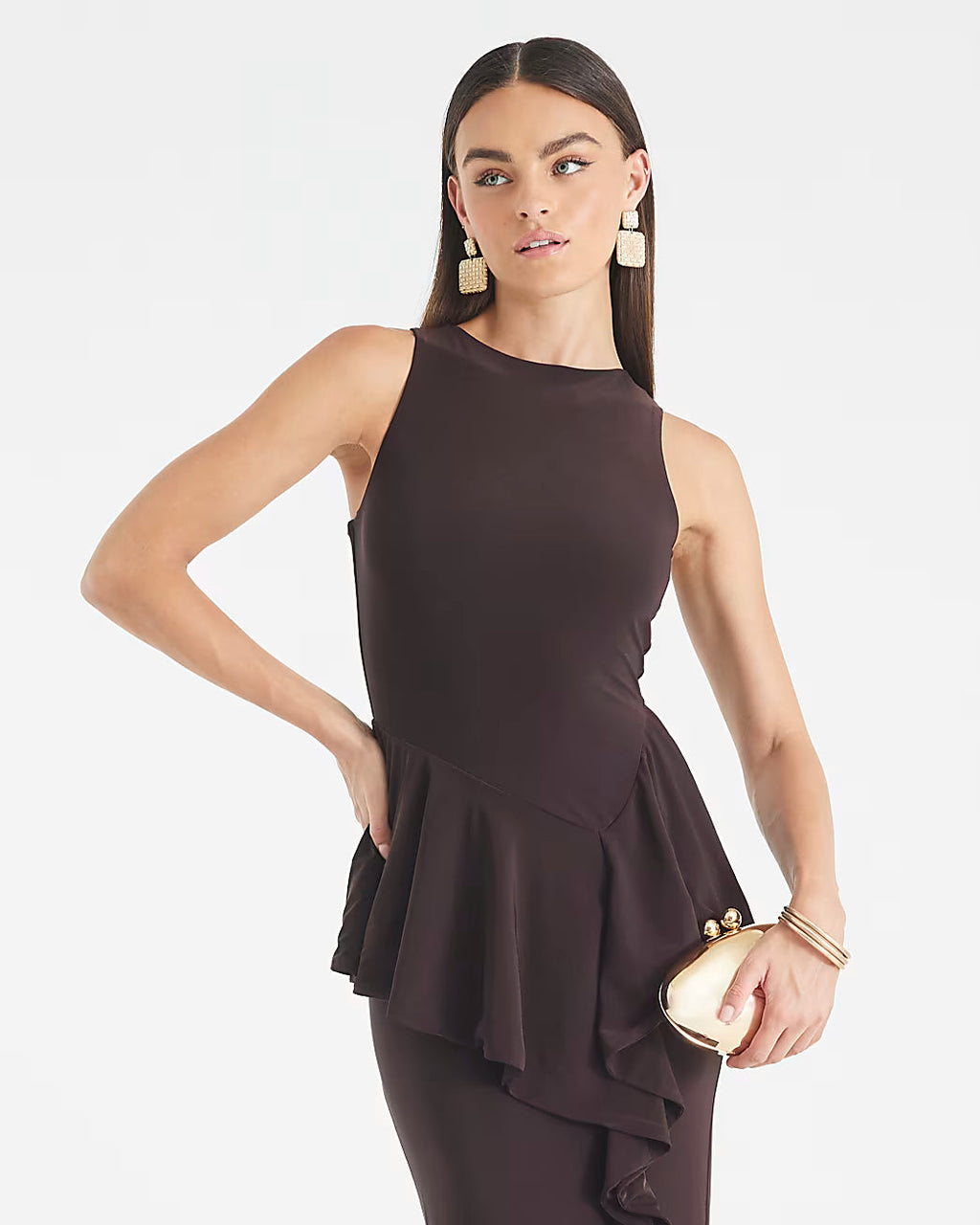 Brown Sleeveless Ruffle Front Maxi Dress